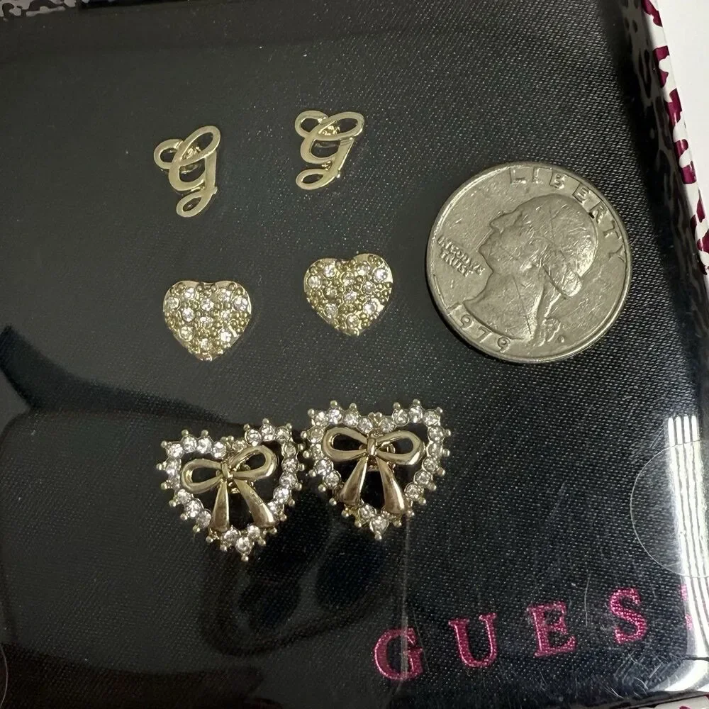 GUESS 3 Pair Gold Tone Rhinestone Earring Gift Box Set New